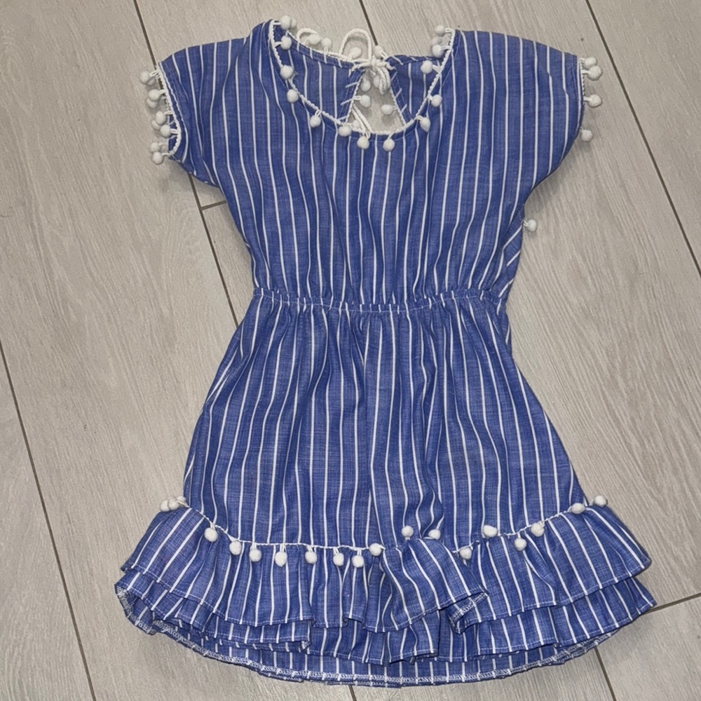 Little Peixoto Blue Striped Kids Dress with Pom-Pom Details xs